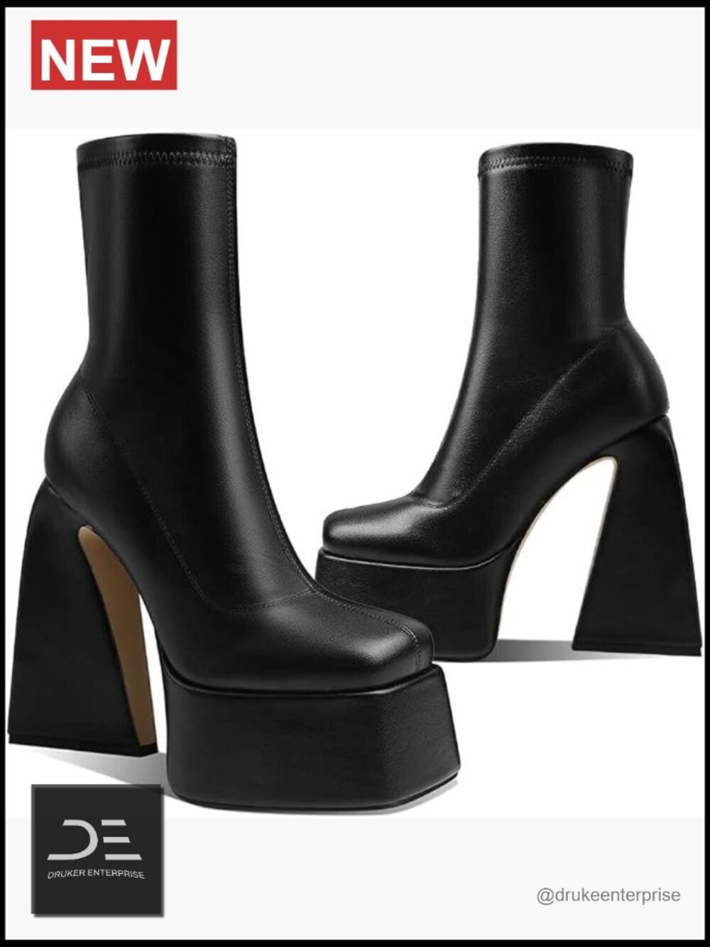Mid Calf Platform Boots Square Toe Chunky Heel Side Zipper Ankle Booties Faux